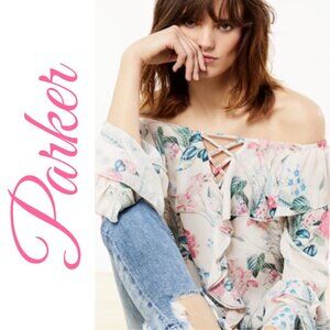 PARKER ERIN BOHEMIAN 100% SILK RUFFLED FLORAL OFF THE SHOULDER BLOUSE,‎ LARGE